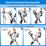 pooboo Folding Exercise Bike with Hand Crank, Multifunctional Stationary Bike for Home, Upright Indoor Cycling Bike with 8-Level Magnetic Resistance, Arm Resistance Bands, Pulse Sensor & Back Support Cushion