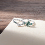 Oseew Natural Moss Agate Ring for Women 2CT Pear Cut 2 Pieces Engagement Ring Set 10K/14K/18K Solid Gold/Sterling Silver Wedding Vintage Leaf Bridal Promise Ring with Gift Box