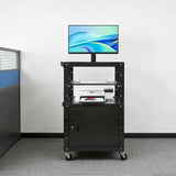 Adjustable Height Laptop Cart, Steel AV Cart with Keyboard Tary and Locking Cabinet Rolling Small Office Laptop Table with Power Socket for Computer Laptop Projector Printer