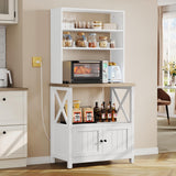 DWVO White Baker Rack with Power Outlet and Storage, Farmhouse Microwave Stand with Door for Kitchen, 5-Tiers Tall Coffee Bar Station Cabinet Thickened Counter with Hutch Shelves