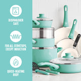 GreenLife Soft Grip 16 Piece Cookware Set, Non-Toxic PFAS-Free Ceramic Nonstick, Pots, Frying, Sauce, Saute, Glass Lids, Stay-Cool Handles, Wobble Free Bases, Dishwasher & Oven Safe, Turquoise