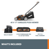 WORX 40V 17" Cordless Lawn Mower for Small Yards, 2-in-1 Electric Mower Cuts Quiet, Compact & Lightweight Push Lawn Mower
