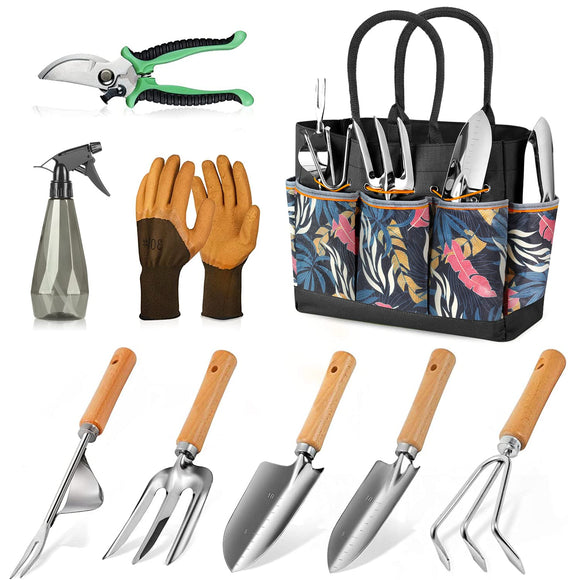 Gardening Tools 9-Piece Heavy Duty Garden Hand Tools with Fashion and Durable Garden Tools Organizer Handbag