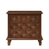 LVHOM Traditional Geometric Textured Nightstand, 3 Drawer Solid Wood Bedside Table with Carved Front Panels, Rustic End Table for Bedroom Living Room, Set of 2, Walnut