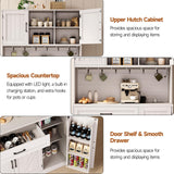 ONBRILL 71" Pantry Cabinet, Kitchen Pantry Storage Cabinet with LED Light & Outlet, Kitchen Hutch with Microwave Shelf & 6 Hooks, Door Shelves & Drawer & Adjustable Shelves, for Dining Room
