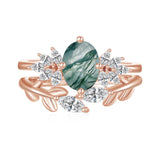 Ovel Moss Agate Engagement Ring set Engraving Text Moss Agate Wedding Ring Set Gold For birthday Promise ring Chirstomas (Rose gold)