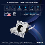 LUXRITE 1-Inch LED Trimless Recessed Spotlight with Black Reflector Trim Replacement 10W, 850LM, 2700K-5000K, 38° Beam Angle, Dimmable, Push-n-Lock, CRI90, Damp & IC Rated, ETL White + Black (4 Pack)