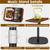 2 in 1 Dual-use Music Stand & Desktop Book Stand, Adjustable Height 16.5"-51", 100% Solid Wood Laptop Floor Stand Book Holder with Elastic Page Clips for Cookbooks (Black Walnut with Tray)