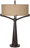 Franklin Iron Works Tremont Mid Century Modern Industrial Table Lamps 31.5" Tall Set of 2 Rich Bronze Iron Burlap Fabric Drum Shade for Living Room Bedroom House Bedside Nightstand Home Office