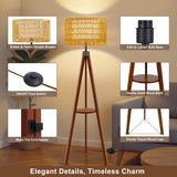 Rnyloas Boho Rattan Floor Lamp with Shelf & Bulb Included, Wicker Tripod Floor Lamp 3 Color Temperatures, Wood Rustic Tall Lamps with Foot Switch, Walnut Boho Standing Lamps for Living Room Bedroom