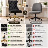 Black Velvet Vanity Chair with Wheels, Armless Home Office Desk Chairs