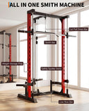 Garvee Smith Machine, 1000LBS Multi-Functional Smith Machine Home Gym, Squat Rack with LAT-Pull Down System, Power Rack with Barbell Bar, Black/Red