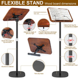 2 in 1 Dual-use Music Stand & Desktop Book Stand, Adjustable Height 16.5"-51", 100% Solid Wood Laptop Floor Stand Book Holder with Elastic Page Clips for Cookbooks (Black Walnut)