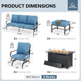 MFSTUDIO 6 Piece Metal Patio Furniture Set with Fire Pit Table, Denim Blue