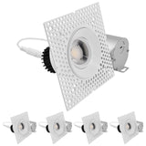 LUXRITE 3-Inch LED Gimbal Adjustable Trimless Spotlight with J-Box, Push N’ Lock, 5CCT 2700K-50000K, 360° Swivel & 15° Tilt, 12W, 1100LM, CRI90, Dual Dimmable, 38° Beam, IC Rated, Damp Rated (4 Pack)