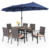 PHI VILLA 7pc Patio Dining Set with Blue Umbrella, 6 Rattan Chairs