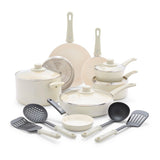 GreenLife Soft Grip 16 Piece Cookware Set, Non-Toxic PFAS-Free Ceramic Nonstick, Frying, Sauce, Saute, Utensils, Glass Lids, Stay-Cool Handles, Wobble Free, Dishwasher & Oven Safe, Cream
