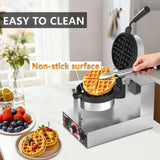 POPFOODEX Belgian Waffle Maker, 110V Industrial Waffle Maker w/Non-Stick Coating and Adjustable Temperature (122-572°F), 1200W Rotary Commercial Waffle Machine