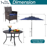 PHI VILLA 5pc Patio Dining Set with Umbrella, Round Table, Rattan Chairs