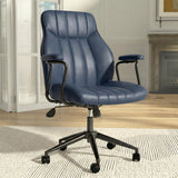 Blue Leather Office Desk Chair with Wheels and Arms, Height Adjustable