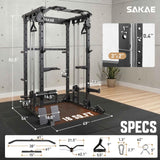 SAKAE Squat Rack, Multi-Function Power Cage with Adjustable Cable Crossover System for Strength Training, Power Rack with LAT Pulldown, Pull-Up Bar, Dip Bars & Training Attachments