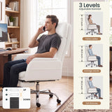 SEDETA Cross Legged Office Chair with Flip Armrests, 4 Headrest Angles, Big and Tall Criss Cross Chair with 30'' High Back, 155° Reclining, Foot Rest, Waist Pillow, Wide Seat, White PU Leather