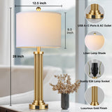 MOUVOVO 28" Tall Modern Table Lamps Set of 2 with USB C+A Ports and AC Outlet, 3 Way Touch Metal Bedside Lamps for Bedroom, Gold Nightstand Lamps for Living Room