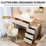 Quvex 23.6" Compact Makeup Vanity Desk with LED Cloud Mirror & Ambient Light, Sintered Stone Top Vanity Table, 4 Drawers, Petal Chair, Extendable & Reversible Dressing Table, Wall-Flush Design, White