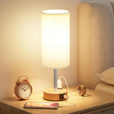 Touch Bedside Table Lamp with Memory - Stepless Dimmable Lamp for Bedroom, Small Nightstand Lamp with Dual USB Charging Ports and AC Outlet, Wood Night Light, Deak Lamp for Nursery, Living Room, Dorm