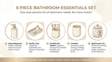 Bathroom Accessory Set, 5 Pcs Bathroom Essentials Sets Accessories, Soap Dispenser Set, Toothbrush Holder, Vanity Tray, Tumbler, Cotton Swab Jars, Bathroom Organizer for Modern Bathrooms(Beige)