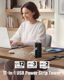 20Ft Tower Power Strip, Long Extension Cord, Flat Plug, 1700J, 12 AC 5 USB