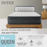 Intex Queen Size Air Mattress, 18in Height Airbed with Headboard, Built-in Pump, Dura-Beam Deluxe Ultra-Plush - Portable Inflatable Bed for Camping & Travel
