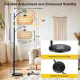BLITZWILL Boho Floor Lamp with Remote/App/Foot Switch Control, Adjust Head, Dimmable 3 Color Temperatures, Smart 9W LED Bulb, Arc Rattan Tall Standing Lamp for Bedroom Office Living Room Farmhouse