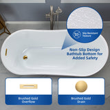 WOODBRIDGE 59" Acrylic Freestanding Bathtub Contemporary Soaking White Tub with Brushed Gold Overflow and Drain， B1530 -BG-Drain &O
