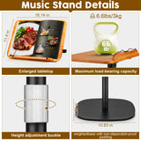 2 in 1 Dual-use Music Stand & Desktop Book Stand, Adjustable Height 16.5"-51", 100% Solid Wood Laptop Floor Stand Book Holder with Elastic Page Clips for Cookbooks (Brown)