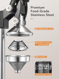 QCen Professional Cast Iron Manual Juicer, Heavy Duty Citrus Press with Stainless Steel Strainer, Easy-to-Clean Hand Squeezer for Orange, Lemon, Lime and Grapefruit - Black (Black)