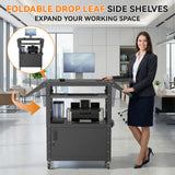 Mobile AV Cart with Drop Leaves & Adjustable Height, Rolling Computer Cart with Pullout Keyboard Tray – Locking Cabinet, 3 Outlets&2 USB Ports, Lock Brake Casters, Utility Cart for Office/Classroom