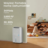Waykar 2000 Sq. Ft 34 Pints 2025 Most Efficient Energy Star Dehumidifier for Home and Basement with Auto or Manual Drainage, Quiet 33dB Operation, 0.62 Gallon Water Tank Capacity