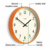 JONES CLOCKS® Studio wall Clock | Modern Round Style | 12 inch | Orange | Easy to Read Numbers | Versatile Design for Kitchen, Living Room or Office