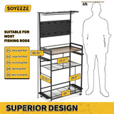 SOYEEZE Fishing Rod Holders for Garage,Fishing Gear Holder for Fishing Rod Tackle Box Storage，Fishing Pole Holders for 12 Rods with Hooks and Pegboard,Fishing Cart with Reel Rack