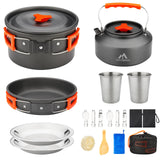 THTYBROS 17pcs Camping Cookware Kit, 0.45Gal Pot, 7inches Pan,0.30Gal Kettle Set with 2 Set Stainless Steel Cups Plates Forks Knives Spoons for Hiking,Camping,Backpacking,Outdoor Cooking and Picnic