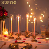 NUPTIO Hurricane Glass Candle Holder: Set of 10 Metal Taper Candle Holders with Sleeves - Gold Candlestick Holders Bulk for Outdoor Party Wedding Table Centerpiece Decoration