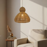 Modern Handmade Rattan Pendant Light Coastal Boho 1-Light 20 in. Brown Scalloped Ceiling Light for Foyer, Dining Room with Woven Shade