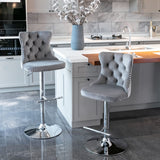 MOOLSUN Rotating Velvet Bar Stools Set of 6, Modern Padded with Nailhead Trim and Tufted Back, Adjustable Swivel Counter Height Stools for Kitchen Island, Bar, Club,Gray(Silver Base)