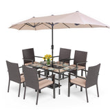 PHI VILLA 7pc Patio Dining Set with Umbrella, Wood-top Table, Rattan Chairs
