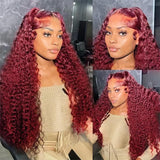 KRKRYQ 36 Inch 99J Burgundy 13x6 Lace Front Wigs Human Hair Red Burgundy Wig 200% Density Deep Wave Lace Front Wigs Human Hair Pre Plucked Glueless Deep Curly Wigs for Women