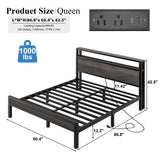 LOEWAY Queen Size Bed Frame with Storage Headboard and LED Lights, Industrial Platform Bed with Charging Station, Heavy Duty Metal Slats, No Box Spring Need, Noise Freee, Grey
