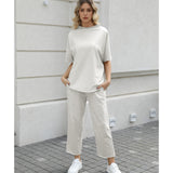 SeeLuNa Women's Two Piece Outfits 3/4 Batwing Sleeve Capelet Crew Neck Pullover Top Wide Leg Pants Lounge Set(Light Gray,S)