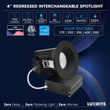 LUXRITE 4 Inch Recessed Light, Regressed Canless LED Spotlight, 5CCT 2700K-5000K, CRI90, 22W, 1700 Lumens High Output, 38º, Interchangeable Round Black Trim, Dimmable, IC & Wet Rated (4 Pack)