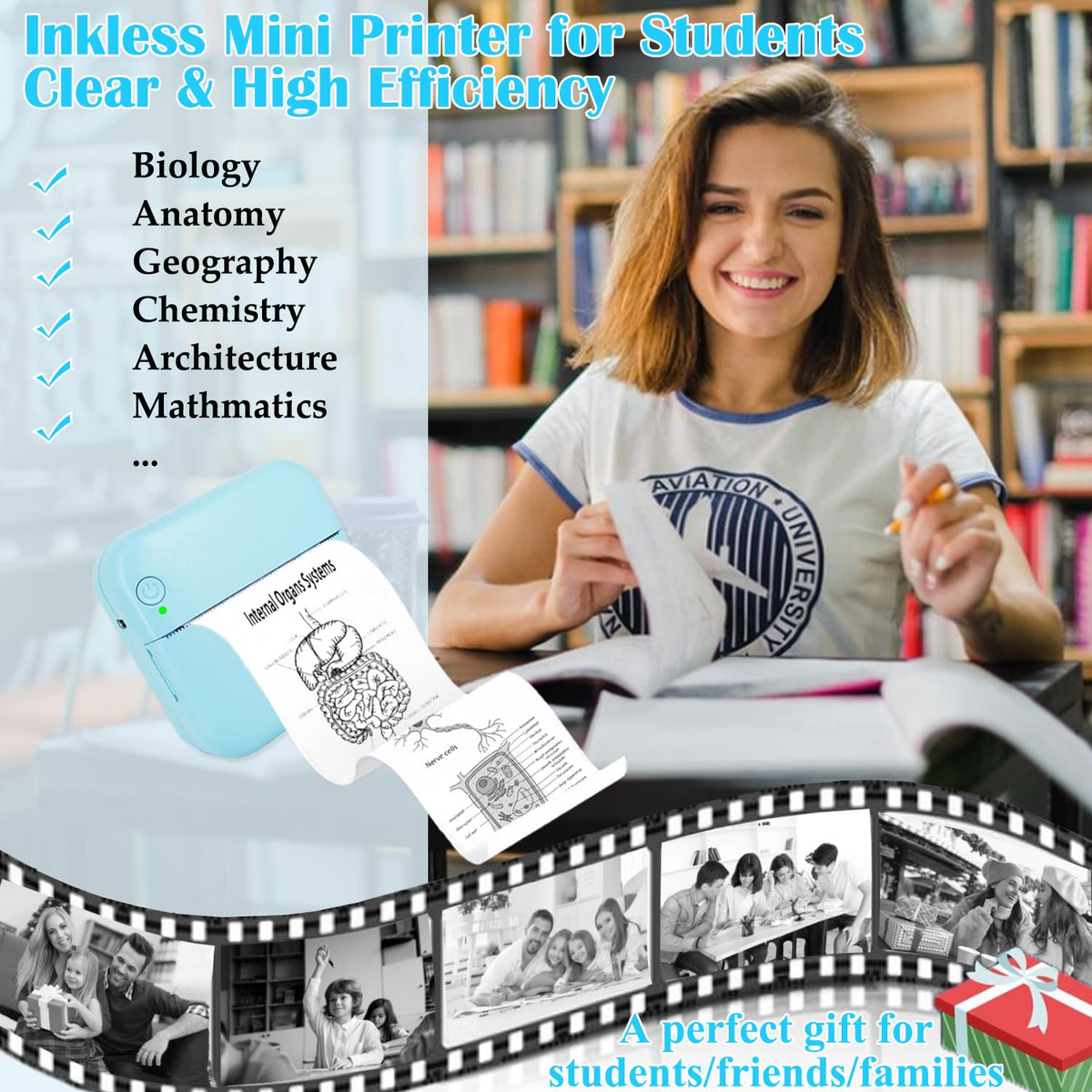Mini Thermal Printer, Inkless Sticker Printer with 14 Rolls Paper, Blu ...